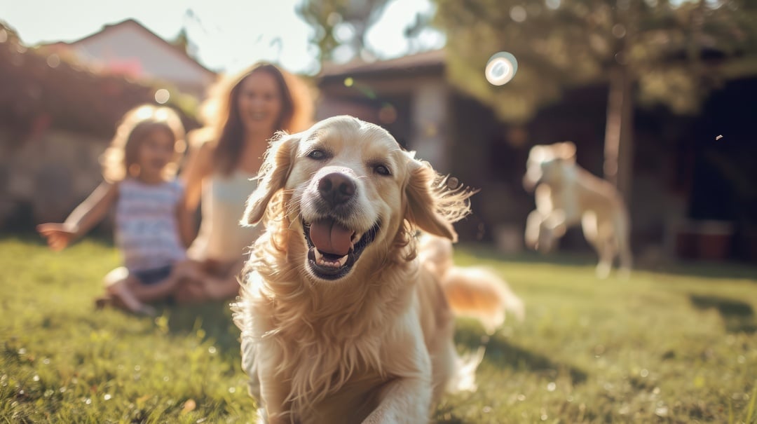 happy dog running on the lawn