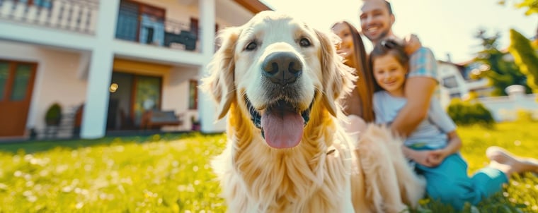 A beautiful golden retriever with their family on a nice lawn.