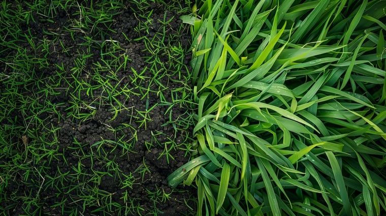 Sparse grass on the left and thick grass blades after an aeration service.